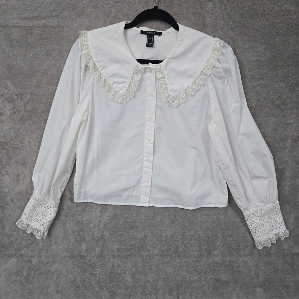 Forever 21 Blouse Womens Large White Peter Pan Lace Collar Cottagecore Victorian